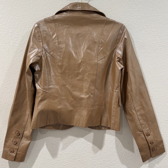 Vintage Guess Jeans 100% Leather Shiny Tan Collared Y2K Jacket Size Large - Picture 9 of 13
